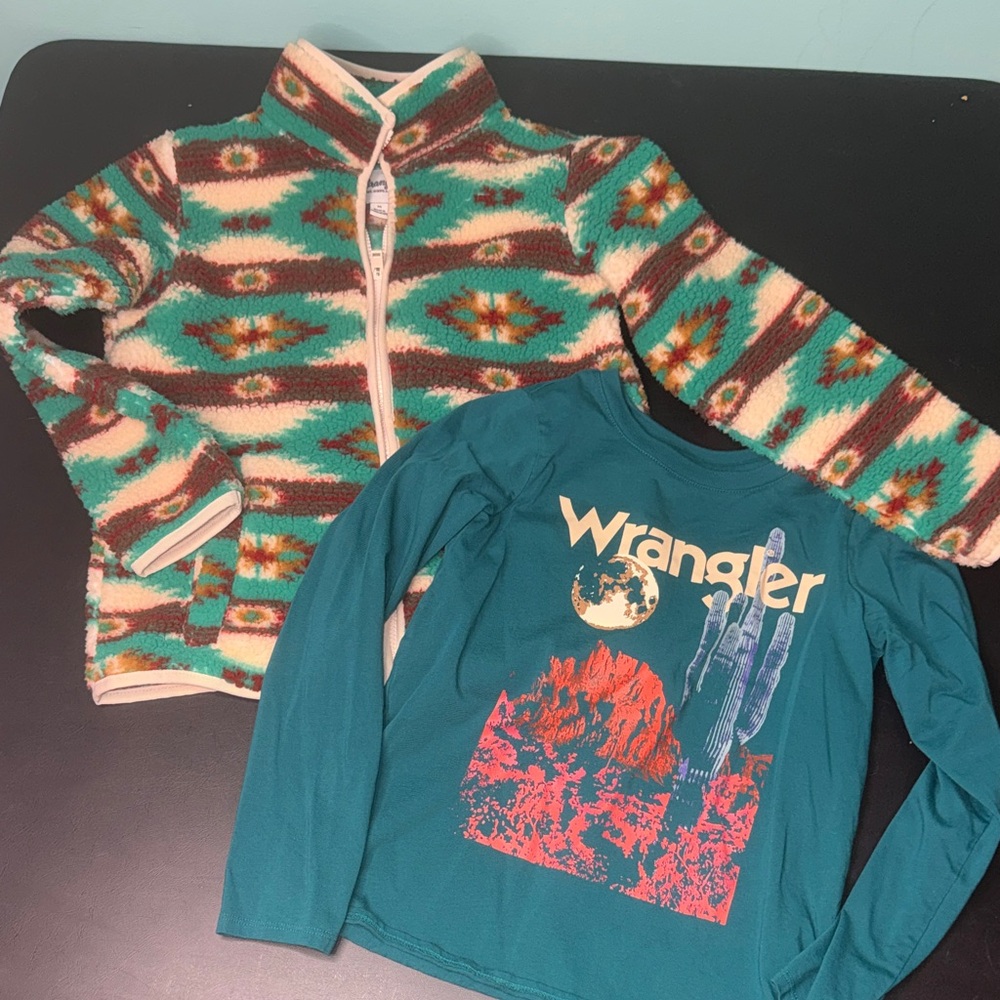 Wrangler Girls Teal Shirt and Patterned Fleece Jacket medium - bundle and save